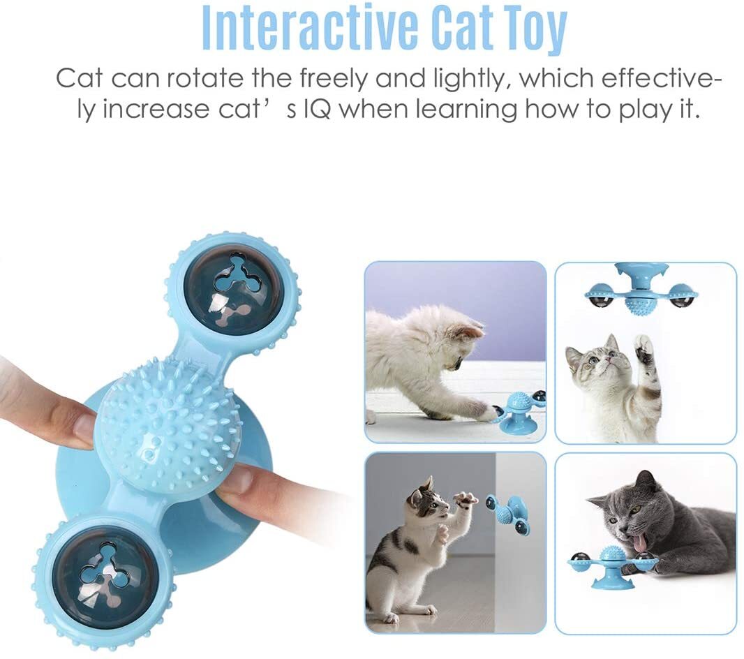 Blue Interactive Indoor Windmill Cat Toy with Catnip and Bells