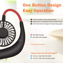 Black HandsFree Portable Neck Fan USB Charge Color Changing 3 settings