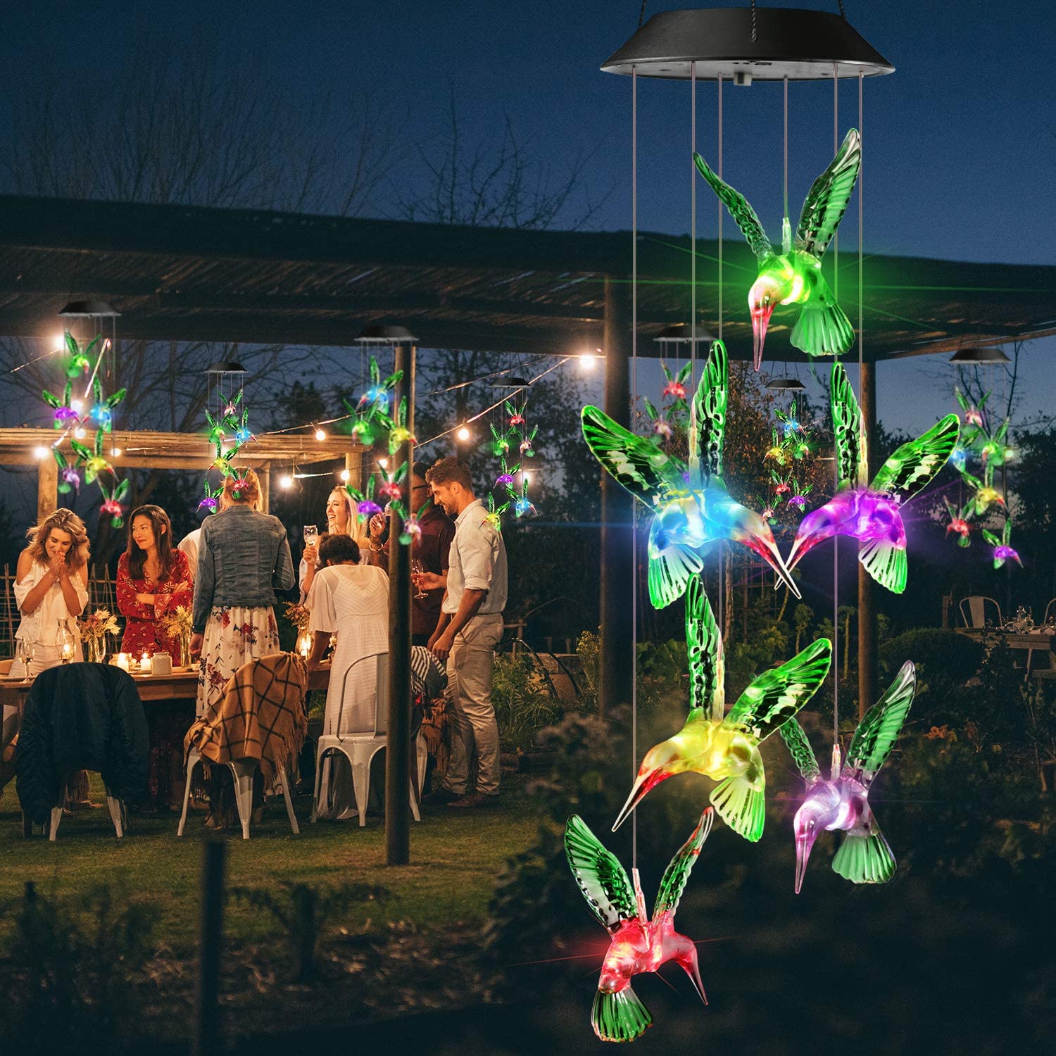 LED Solar Hummingbird Wind Chime, Changing Color Waterproof Six Hummingbird  Wind Chimes for Home Party Night Garden Decoration (Hummingbird) 
