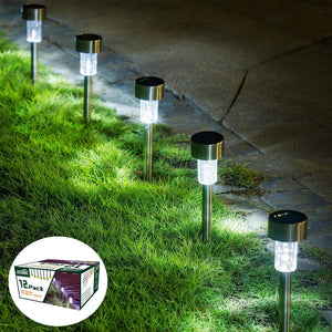 12 pks Stainless Steel Solar Outdoor Pathway LED Lights - Cool White